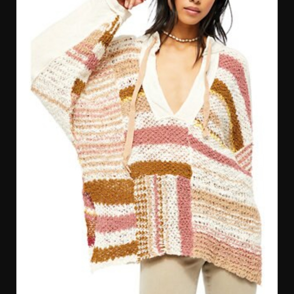 Free People Bayside Knit Drapey Pullover Sweater In Romance Combo Size Large NWT - Picture 4 of 12